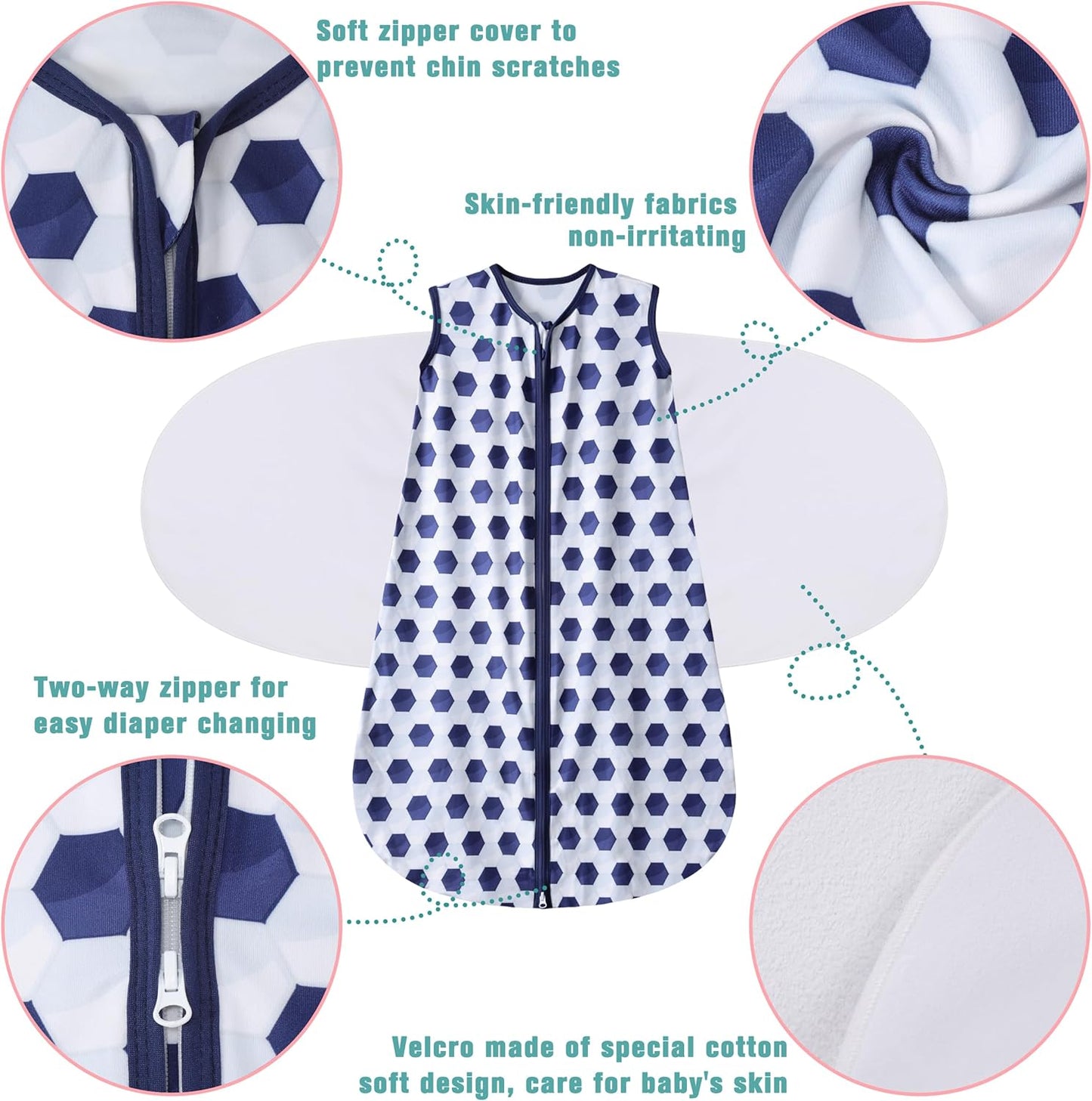 Newborn Sleep Sack Baby Swaddle,3-Way Adjustable Wearable Blanket,100% Rayon Cotton Swaddling Sleeping Bag，TOG 0.5 (Soccer & Triangles, 3-6 Months)