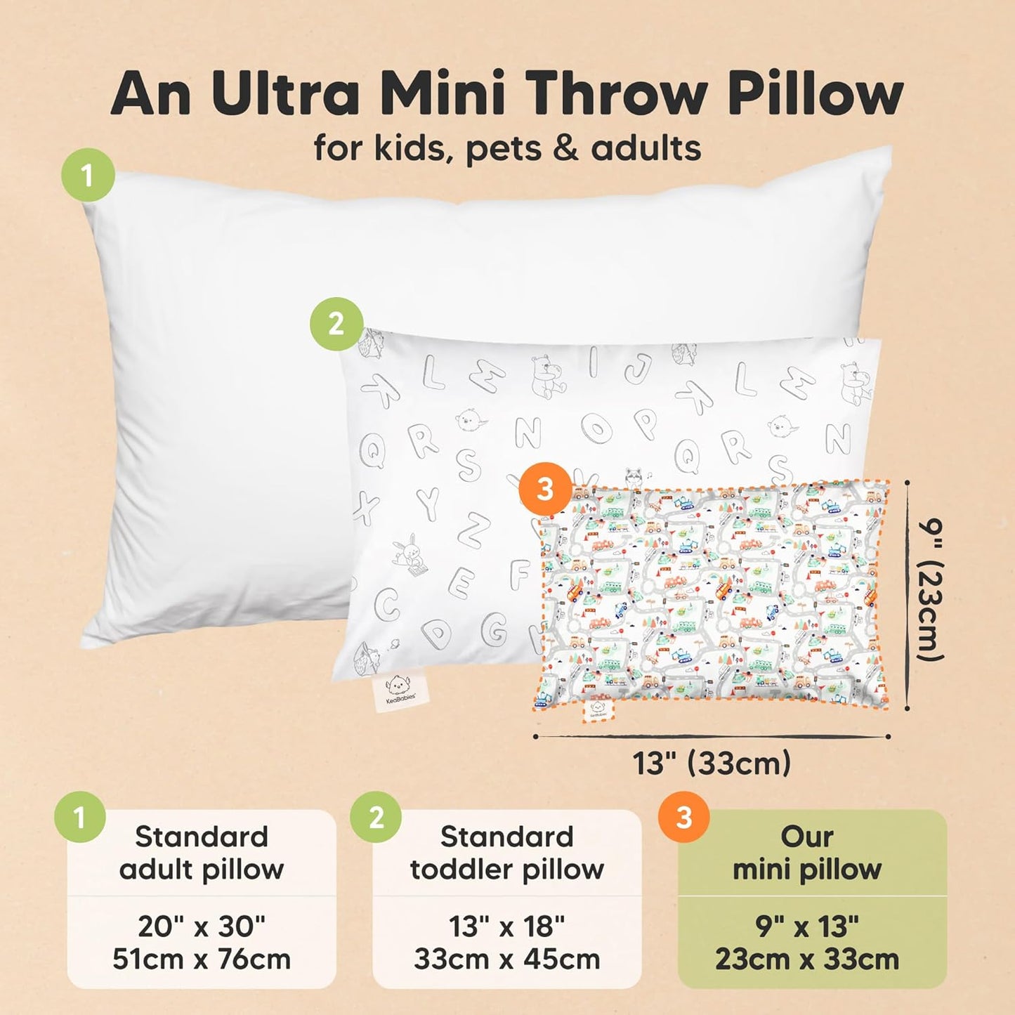 Mini Toddler Pillow with Pillowcase - 9x13 My Little Dreamy Travel Kids Pillow for Sleeping, Toddler Bed, Small, Tiny, Organic Cotton Pillowcase, Soft & Breathable, Kids 2-4 Years Old (Roadway)