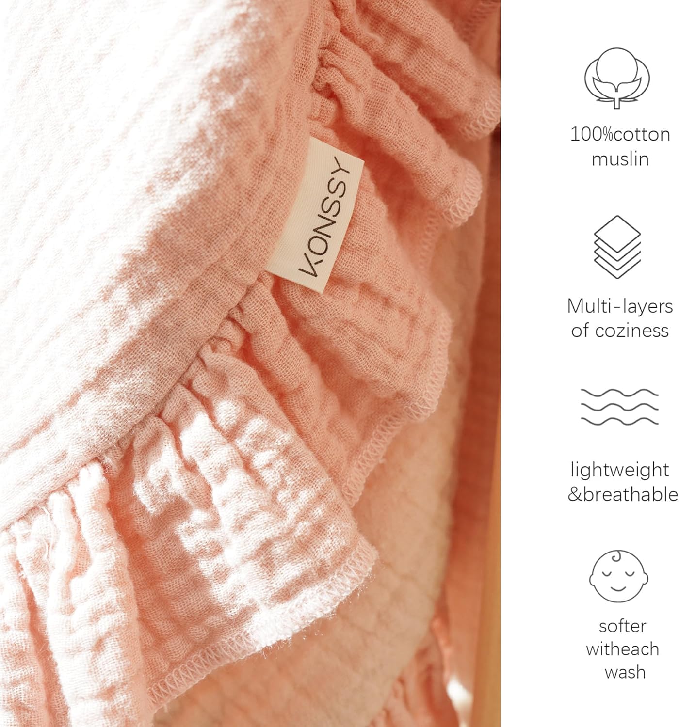 Konssy Flounce Muslin Baby Blankets, Cotton Crib Blanket for Baby Infant Toddler, Super Soft and Lightweight Nursery Blankets 40"x36" (Sun)