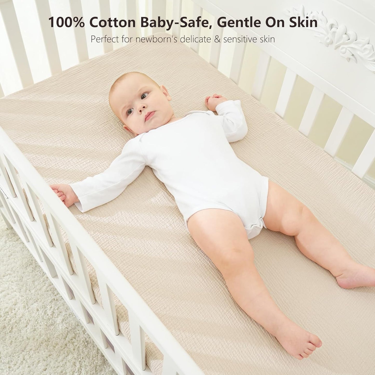 Bearmoss Muslin Crib Sheets 100% Cotton Baby Crib Sheets Fitted for Standard Crib Mattress & Toddler Bed Mattress 52"x28" Soft Breathable Crib Sheet Neutral for Boys Girls - 2 Pack (Oat Latte)