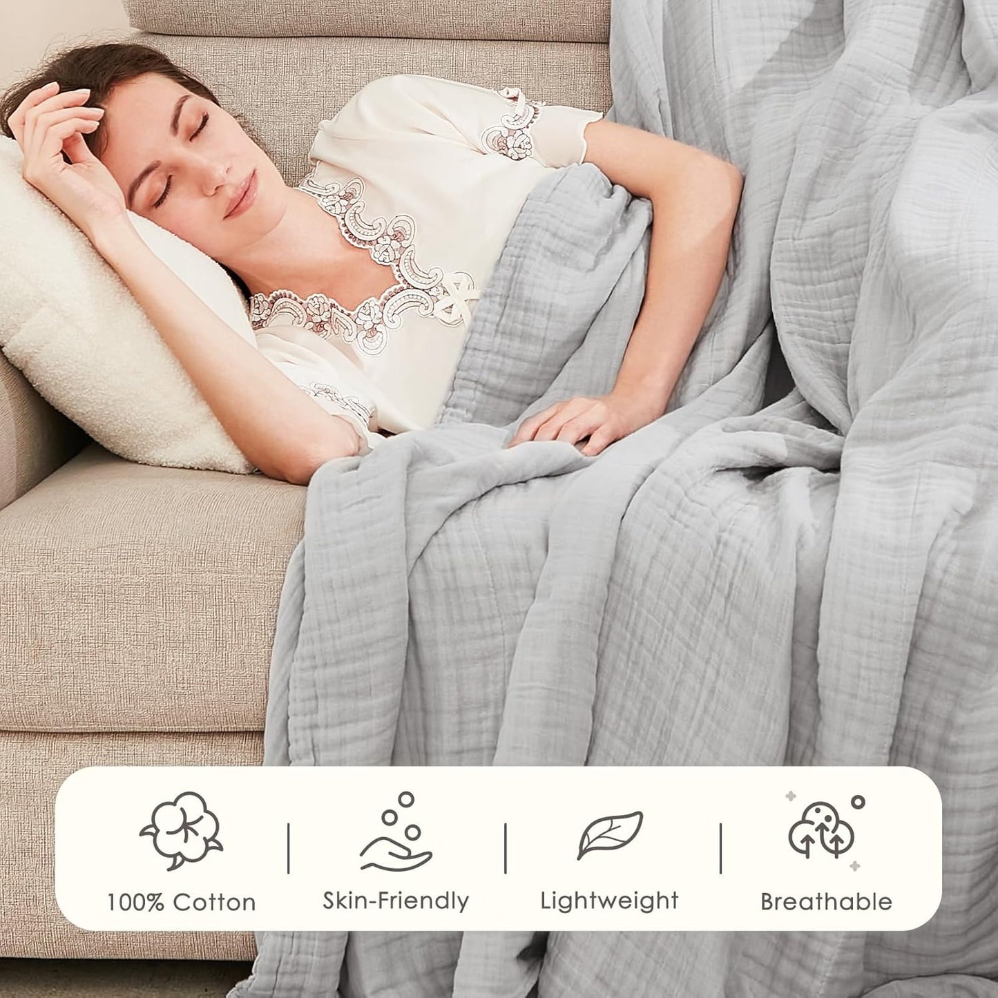 EMME Cotton Blanket Twin XL for Bed Soft Muslin Blankets 66"x90" Lightweight Breathable Layering Bedspread Coverlet All Season Gauze, Light Grey