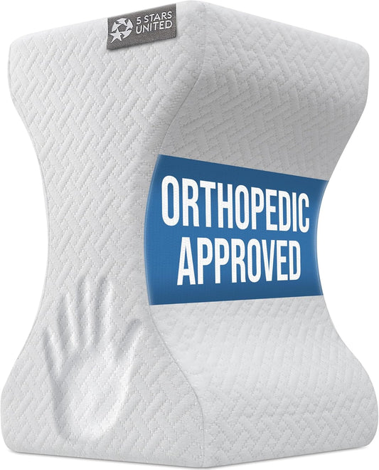 5 STARS UNITED Large Knee Pillow for Side Sleepers - Hip Pain Relief, Memory Foam Leg Cushion for Side Sleeping - Between Legs Pillow for Sciatica & Lower Back Pain, White