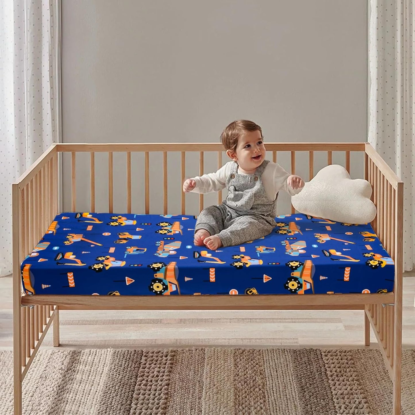 UOMNY Crib Sheet 52x28 Baby Sheet for Boys Breathable Fitted Crib Sheet for Standard Crib and Toddler Mattress Toddler Sheet Engineering Vehicle Blue