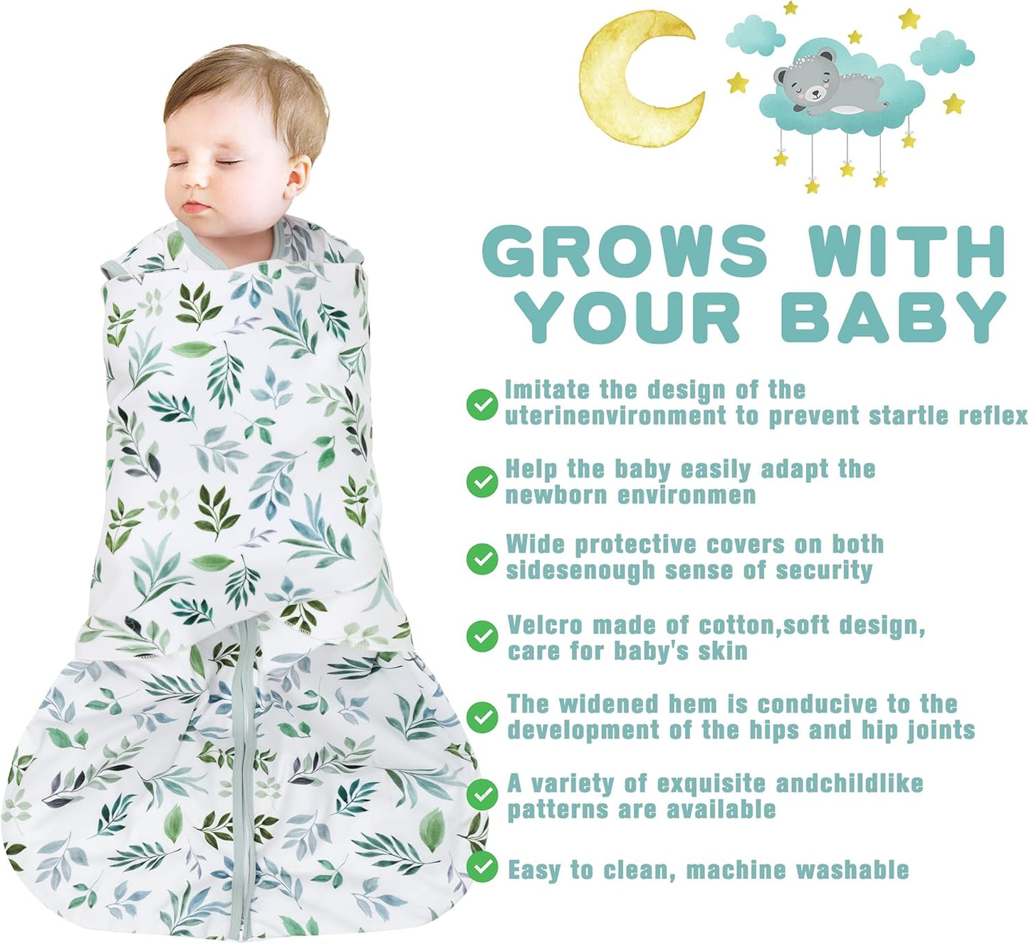 Newborn Sleep Sack Baby Swaddle,Swaddle me 6-12 Month,3-Way Adjustable Wearable Blanket,100% Rayon Cotton Swaddling Sleeping Bag，TOG 0.5 (Leaf, 6-12 Months)