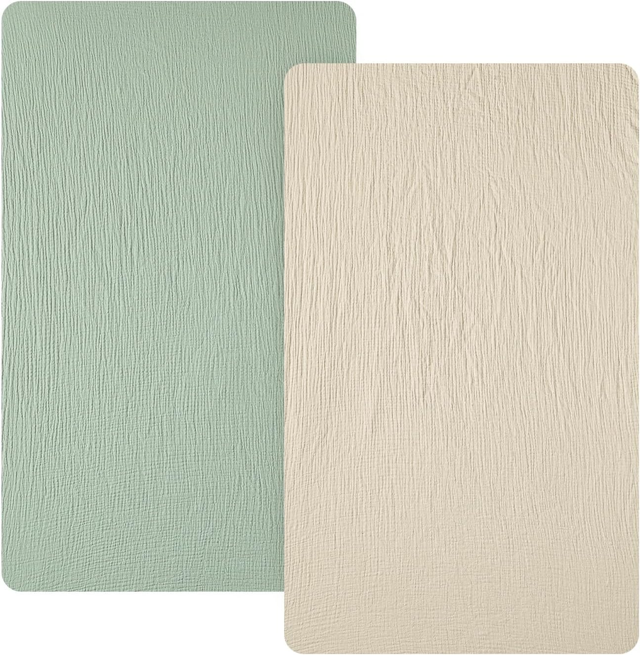 david's kids Muslin Mini Crib Sheets, 2 Pack Cotton Pack N Play Sheets for Boys Girls Neutral, Soft Breathable Baby Sheets Fit Pack N Play, Playard and Mini Crib Mattresses, Oat Milk & Sage Green