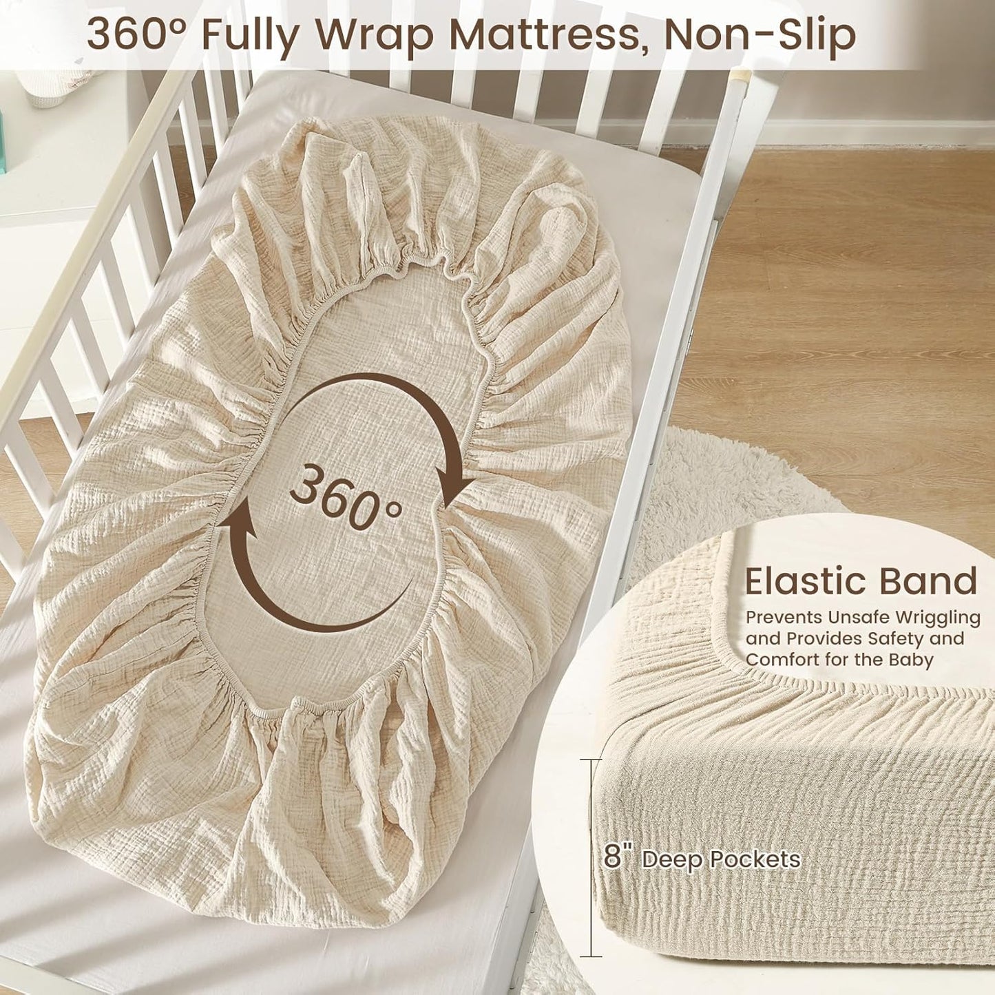 david's kids Muslin Crib Sheets for Boys Girls, 2 Pack 100% Cotton Soft Breathable Fitted Baby Sheet Set, 28x52 Inch Fits Standard Crib and Toddler Mattresses, Oat Milk & Light Gray