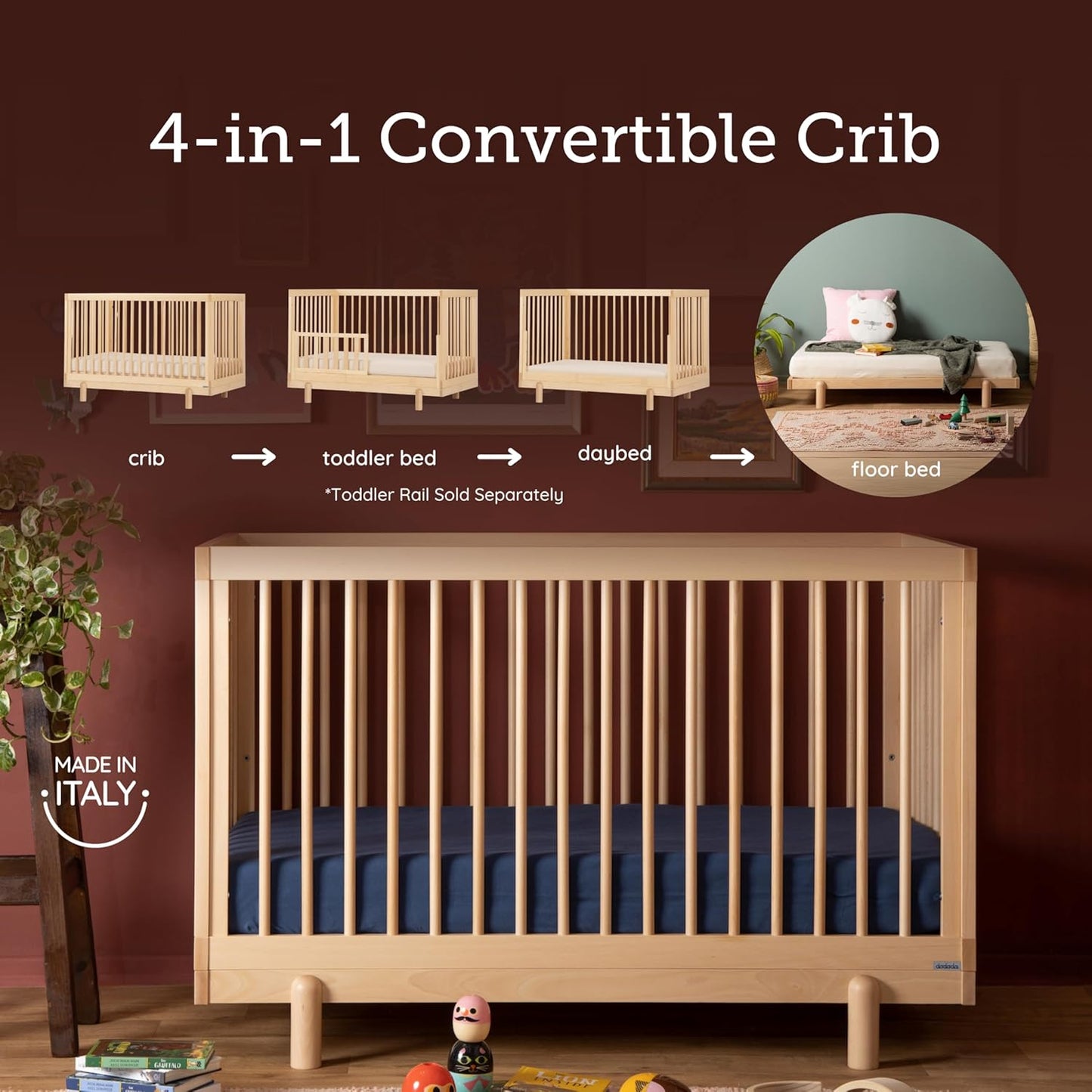 dadada Baby Bliss 4 in 1 Convertible Crib to Toddler Bed & Floor Bed – Made in Italy, GREENGUARD Gold Certified, Baby-Safe Finish, Sustainable Beech Wood, Modern Design, 4 Adjustable Heights (Natural)