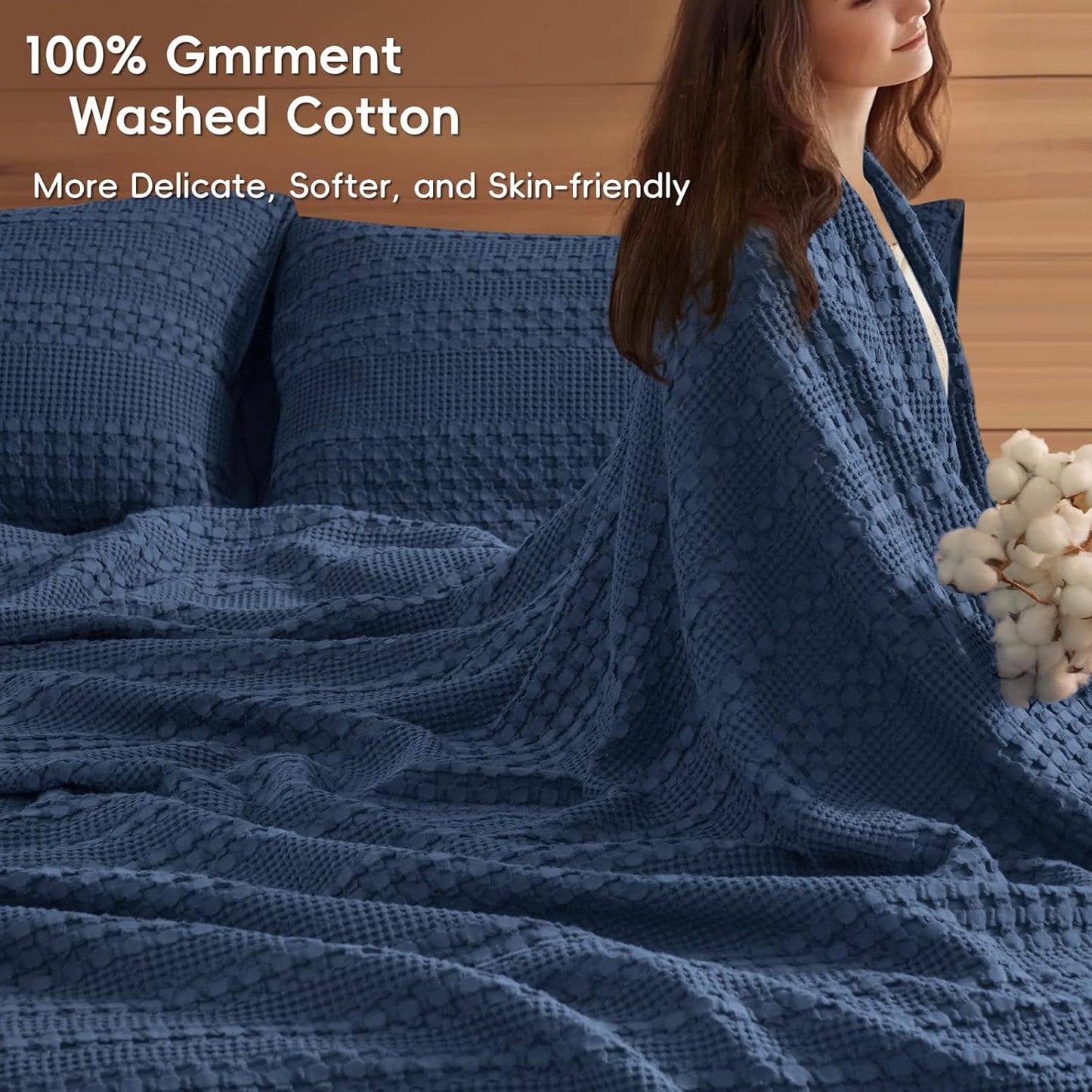 PHF 100% Cotton Waffle Blanket Oversized King 120"x120", Lightweight Breathable Extra Large 10'x10' Summer Blankets for Bed, Giant Big Luxury Aesthetic Woven Bedding for Home Decor, Bright Navy Blue