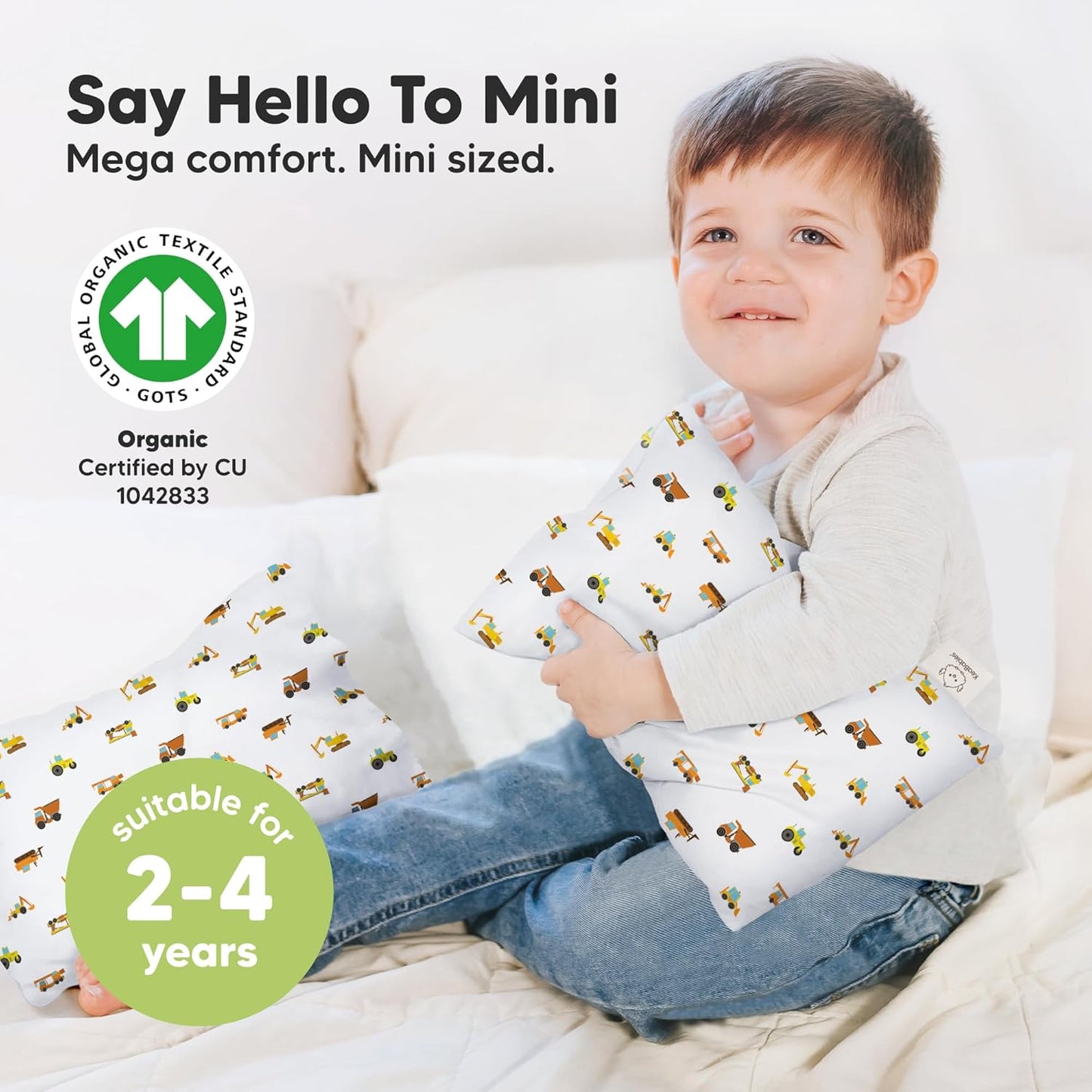 Mini Toddler Pillow with Pillowcase - 9x13 My Little Dreamy Travel Kids Pillow for Sleeping, Toddler Bed, Small, Tiny, Organic Cotton Pillowcase, Soft & Breathable, Kids 2-4 Years Old (Construction)