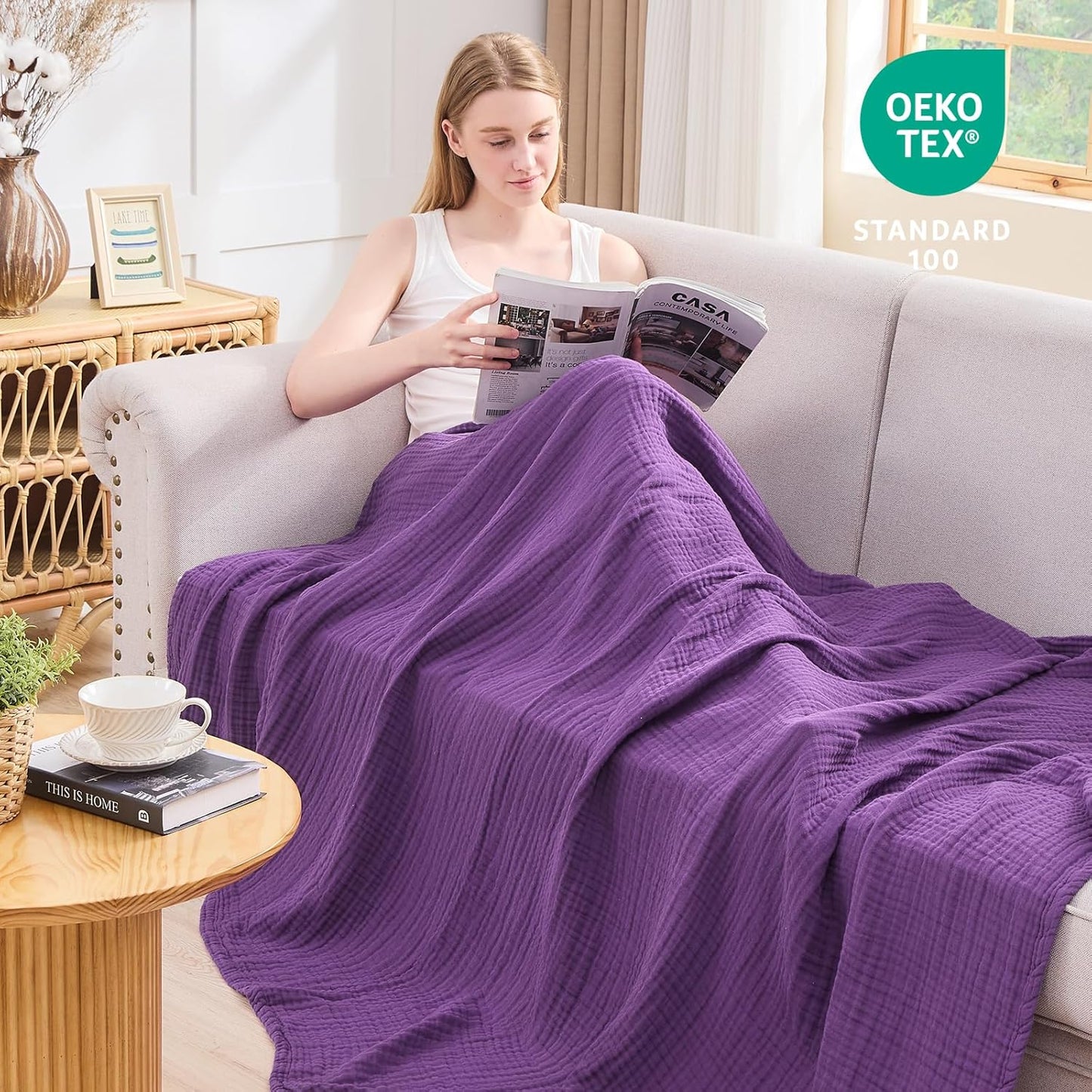 EMME Cotton Muslin Throw Blanket Couch Breathable Gauze Blanket Soft Lightweight Blankets Adults (Purple, 50"x60")