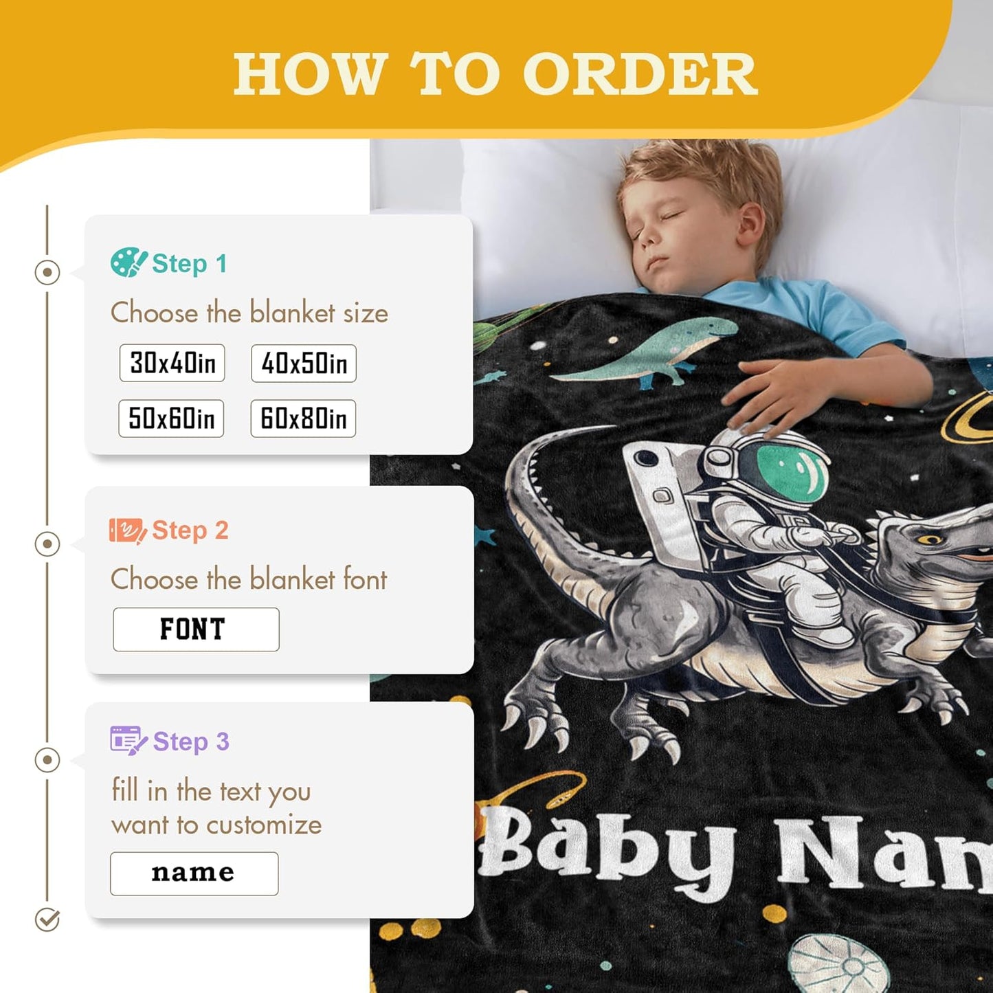 Cute Astronaut Riding Dinosaur Space Baby Blanket, Personalized Custom Baby Throw Blanket with Name for Boys Newborn Son Daughter Grandson Granddaughter Toddler Birthday Bed Blanket