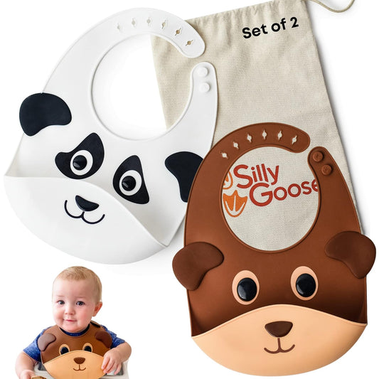 Silly Goose Set of 2 Silicone Animal Baby Bibs for Babies and Toddlers, Waterproof, Adjustable, Soft, Extra Wide Food Catcher Pocket (2PK Panda+Bear)