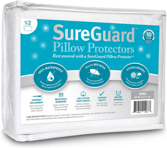 Set of 2 King Size SureGuard Pillow Protectors - 100% Waterproof, Bed Bug Proof, Hypoallergenic - Premium Zippered Cotton Terry Covers