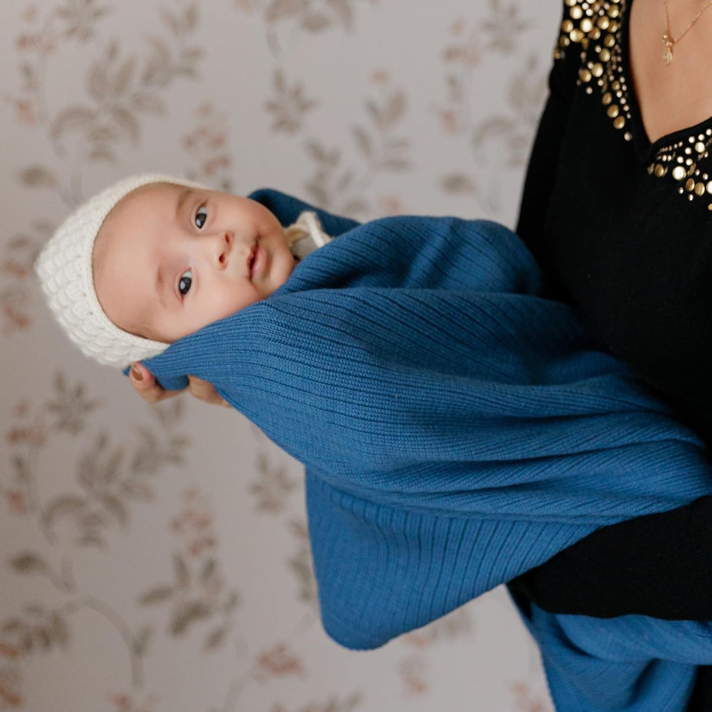 Organic Ribbed Swaddle Blanket for Boys & Girls - 100% Luxury Organic Soft Cotton Knit Warm Cozy Cuddle Stroller Crib Blanket for Newborns, Infants, & Toddlers (Denim Blue)