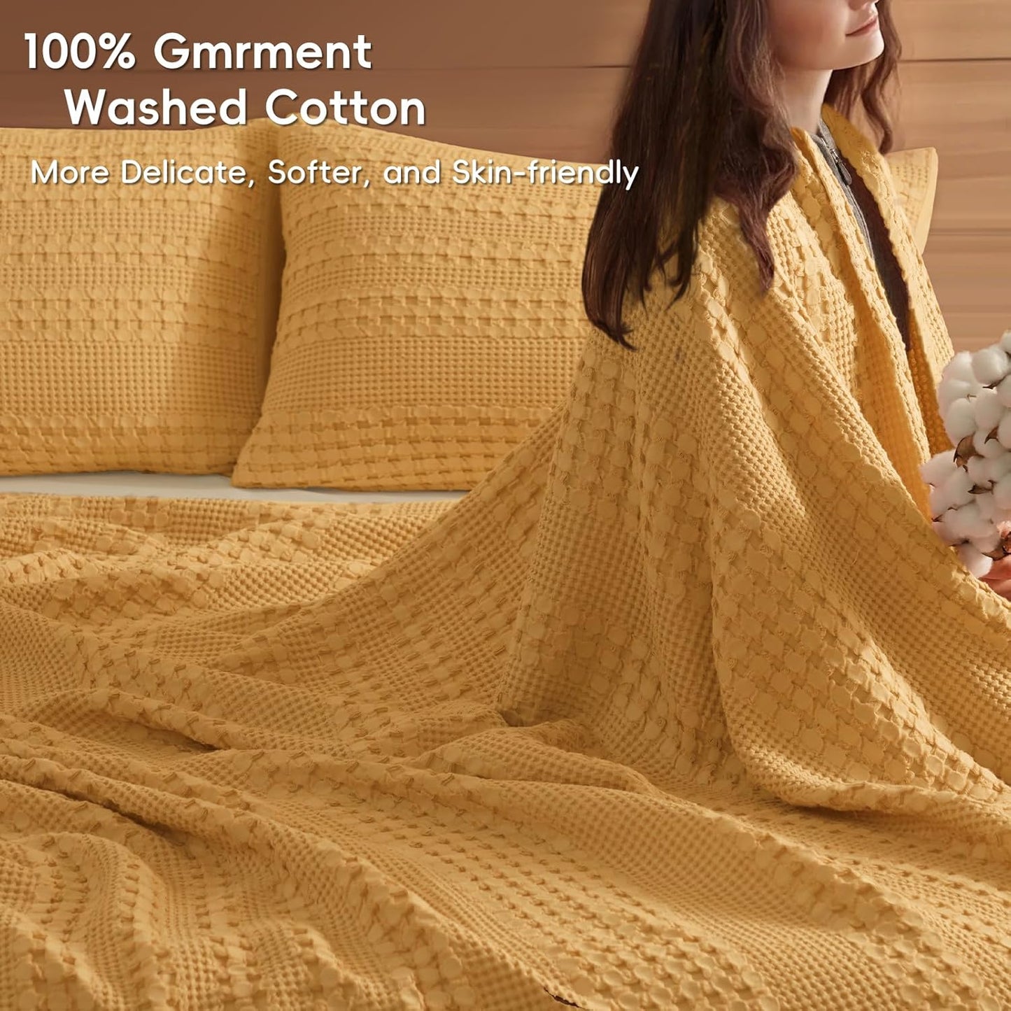 PHF 100% Cotton Waffle Weave Blanket Queen Size for Bed, Lightweight Washed Cotton Blanket - 90"x90" Aesthetic Soft Woven and Breathable Blanket for Sofa Home Decor - Ginger Yellow