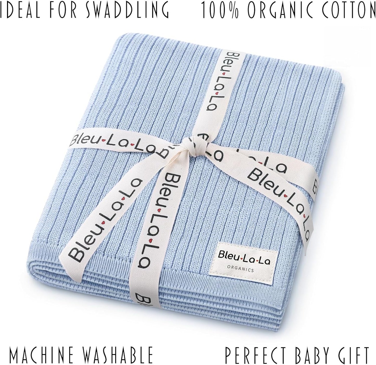 Organic Ribbed Swaddle Blanket for Boys & Girls - 100% Luxury Organic Soft Cotton Knit Warm Cozy Cuddle Stroller Crib Blanket for Newborns, Infants, & Toddlers (Sky Blue)