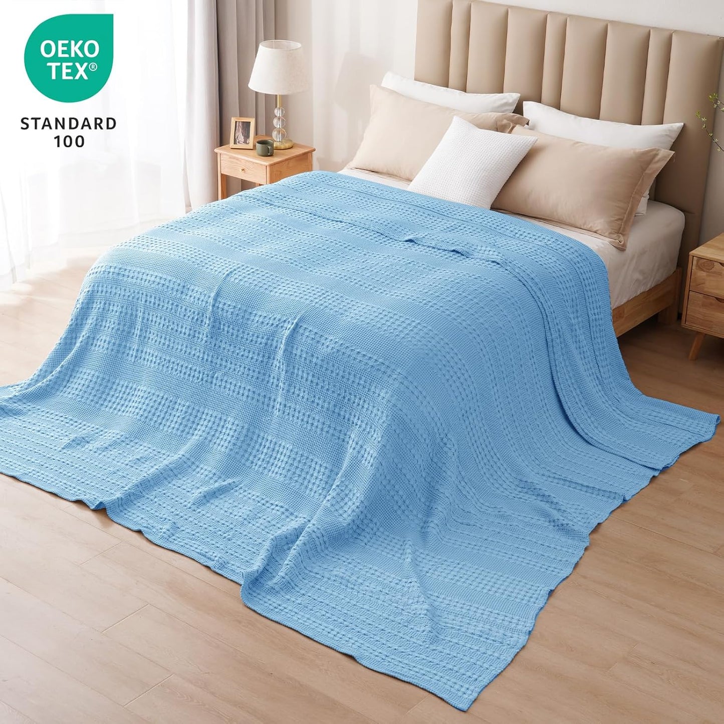 PHF 100% Cotton Waffle Blanket Oversized King 120"x120", Lightweight Breathable Extra Large 10'x10' Summer Blankets for Bed, Giant Big Luxury Aesthetic Woven Bedding for Home Decor, Sky Blue