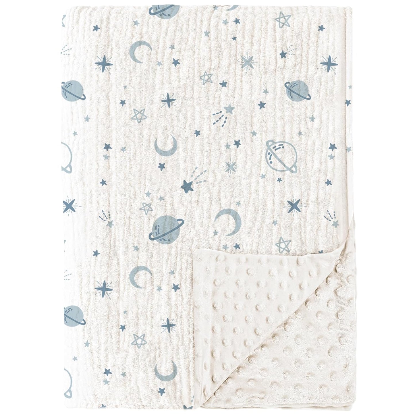 Konssy Baby Blankets for Unisex Boys Girls, Super Soft Nursery Minky Blankets with Muslin Cotton Front and Dotted Fleece Backing, Printed Bed Throws Newborn