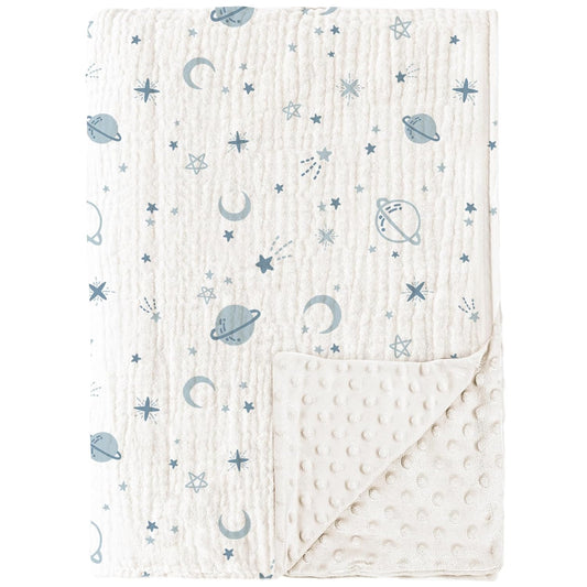 Konssy Baby Blankets for Unisex Boys Girls, Super Soft Nursery Minky Blankets with Muslin Cotton Front and Dotted Fleece Backing, Printed Bed Throws Newborn