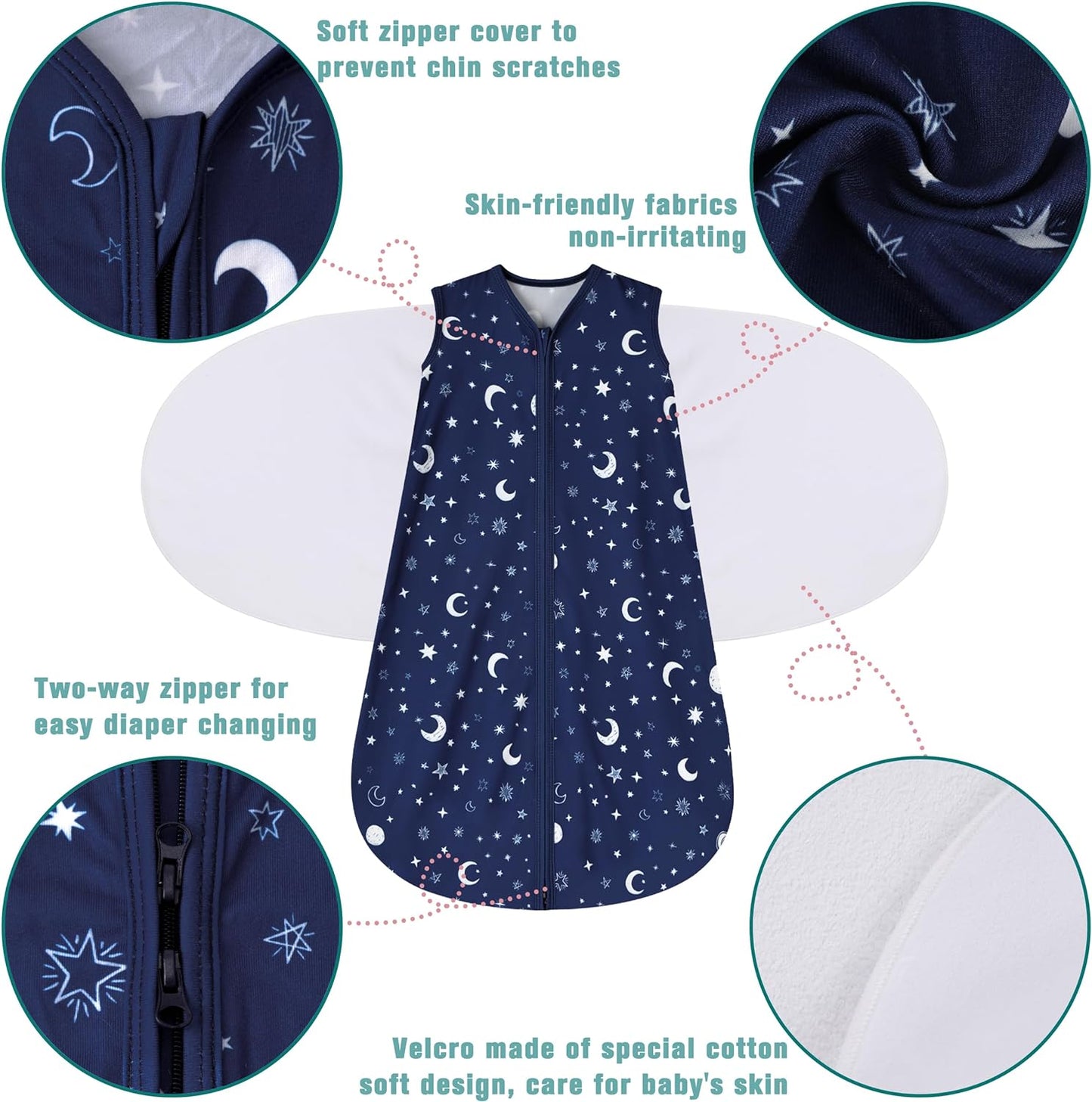 Newborn Sleep Sack Baby Swaddle,0-3 Months,3-Way Adjustable Wearable Blanket,100% Rayon Cotton Swaddling Sleeping Bag，TOG 0.5（Clouds&Starry Sky）