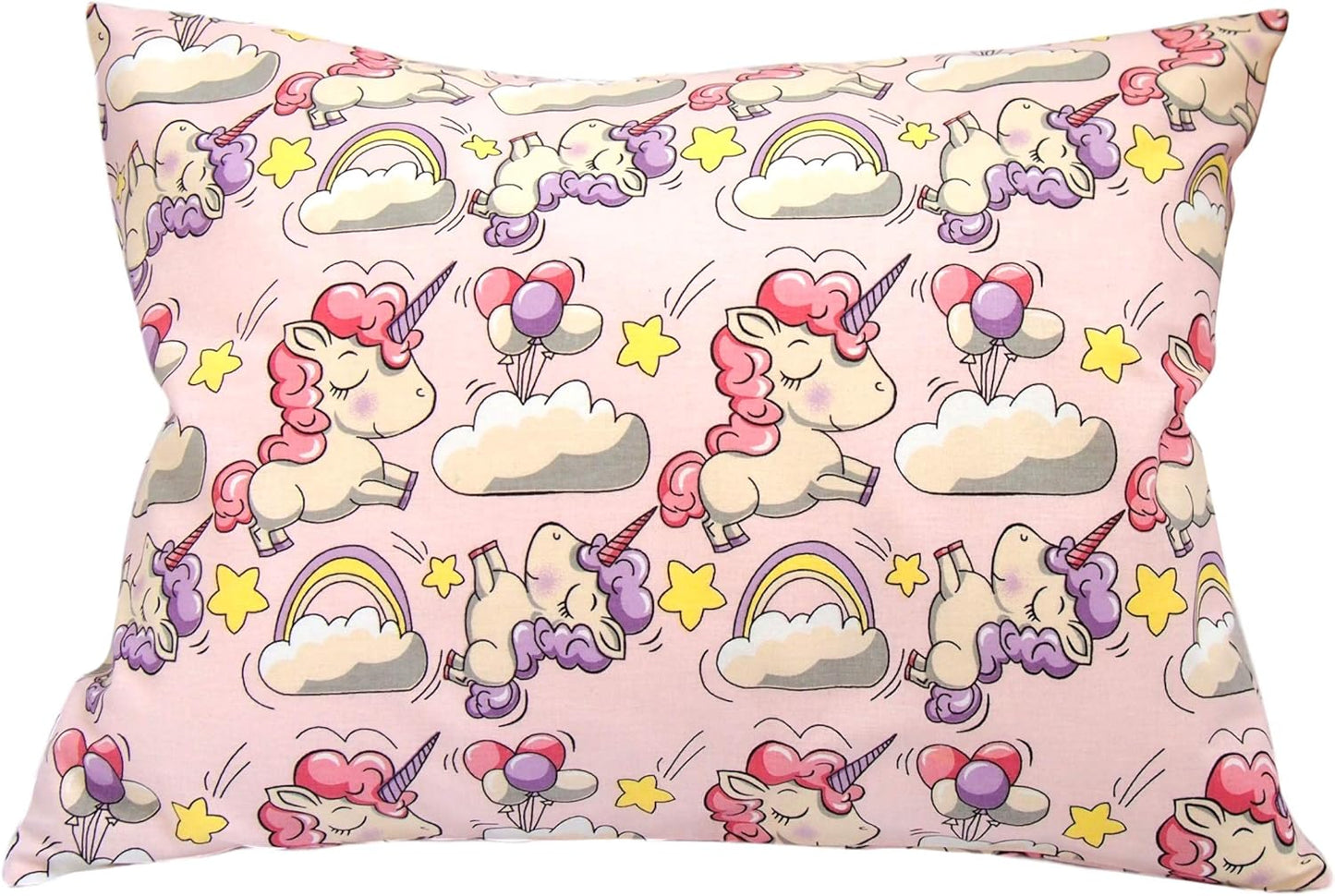 Toddler Pillowcase 13 x 18 Cotton Unicorn Pillows - Small Pillow Cases for Travel Pillows, Toddler Pillowcase Character - Pink Unicorn with Balloons