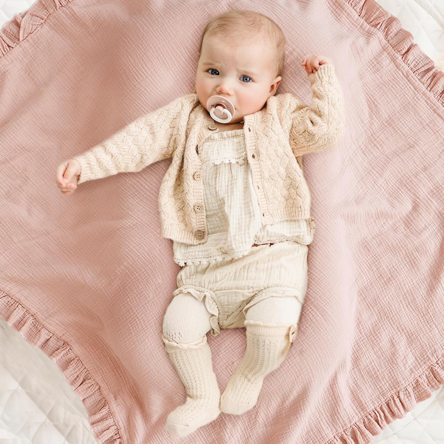 Konssy Flounce Muslin Baby Blankets, Cotton Crib Blanket for Baby Infant Toddler, Super Soft and Lightweight Nursery Blankets 40"x36" (Pink)