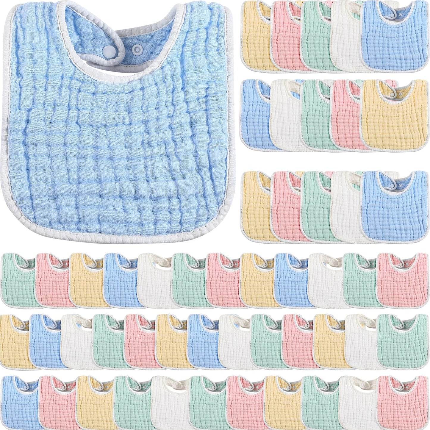 Tatuo 50 Pcs Muslin Baby Bibs Bulk Muslin Cotton Teething for Boy Girls Burp with Snap, Baby Bandana Drool Absorbent Bibs for Newborn Infant Teething and Drooling, 6 Layers