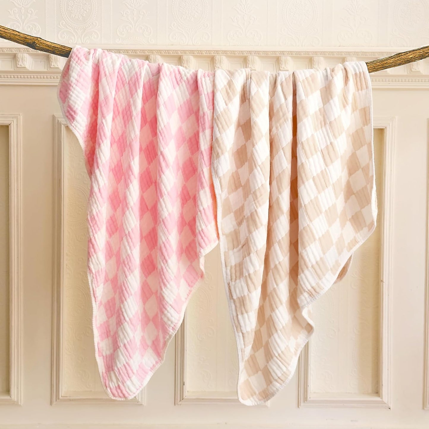 Ultra Soft Checkered Muslin Baby Blanket Pack of 2 Cotton Swaddles Bed Blankets for Babies and Toddlers Girls Newborn 42 x 42 inches Cream and Pink