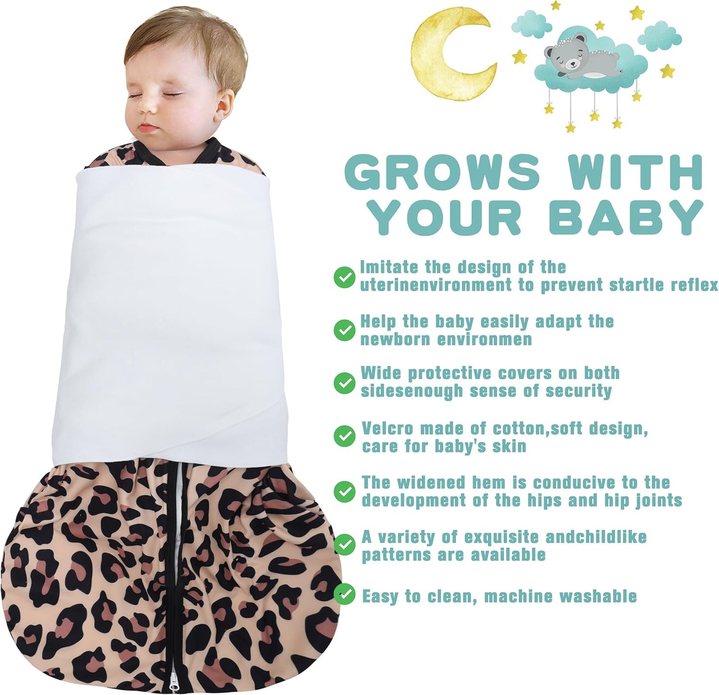 Newborn Sleep Sack Baby Swaddle,3-Way Adjustable Wearable Blanket,100% Rayon Cotton Swaddling Sleeping Bag，TOG 0.5 (Leopard & Cobble, 0-3 Months)