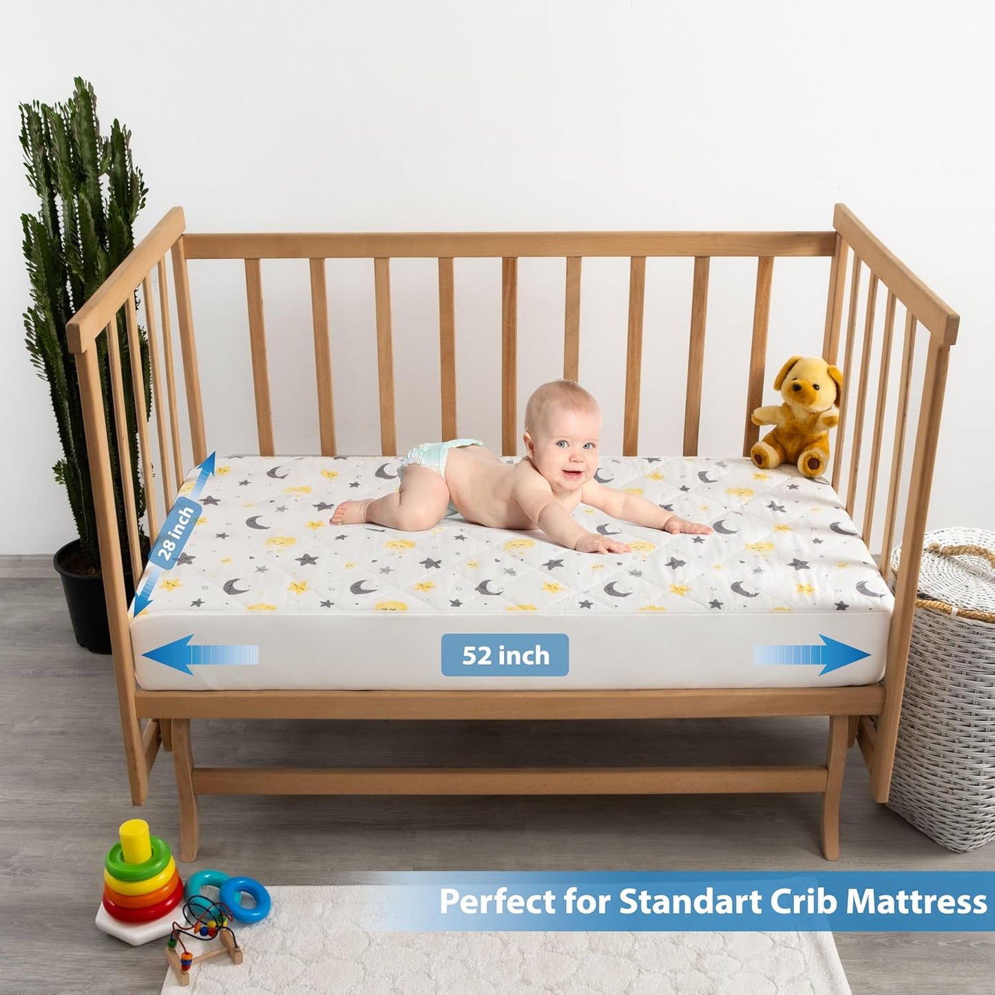 Waterproof Crib Mattress Protector Sheets,%100 Cotton Fabric, Absorbent Crib/Toddler Mattress Protector, Quilted, Certified, Noiseless Machine Wash, Moon&Star Pattern 52"x28" (Small Single, 1, Pack)