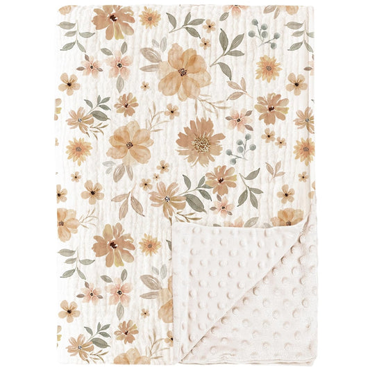 Konssy Baby Blankets for Unisex Boys Girls, Super Soft Nursery Minky Blankets with Muslin Cotton Front and Dotted Fleece Backing, Printed Bed Throws Newborn