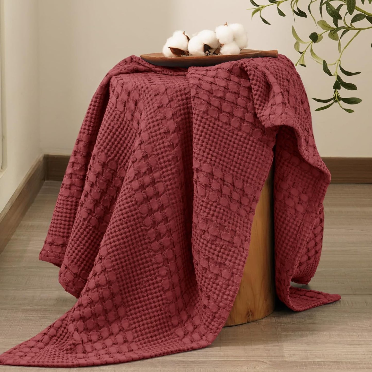 PHF 100% Cotton Waffle Weave Throw Blanket, Soft Lightweight Breathable Cozy Summer Throws for Couch Bed Sofa, Luxury Aesthetic Woven Blanket for Home Decor & Office, 50"x60", Wine Red