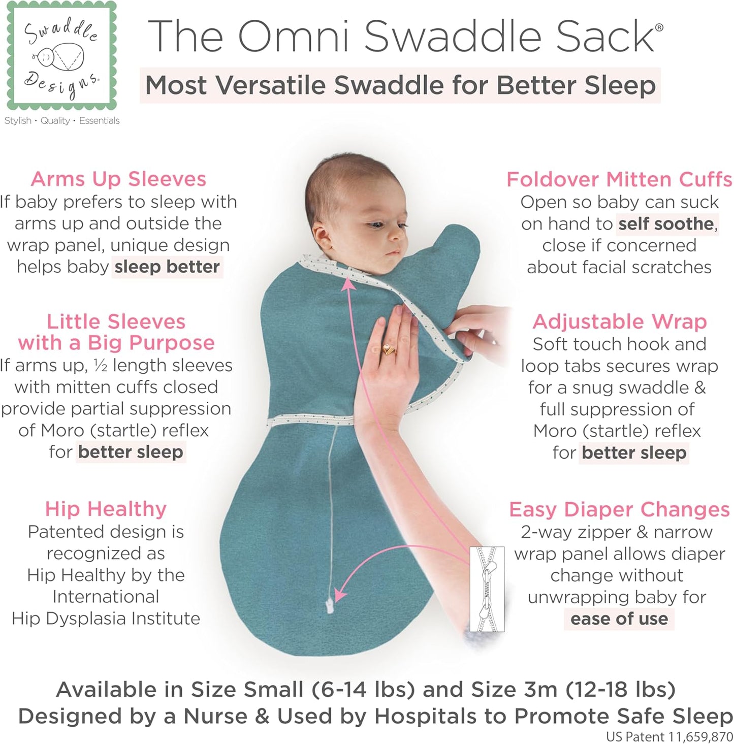 SwaddleDesigns 6-Way Omni Swaddle Sack Arms Up Swaddle for Newborn, More Options to Calm Startle Reflex, Improves Sleep