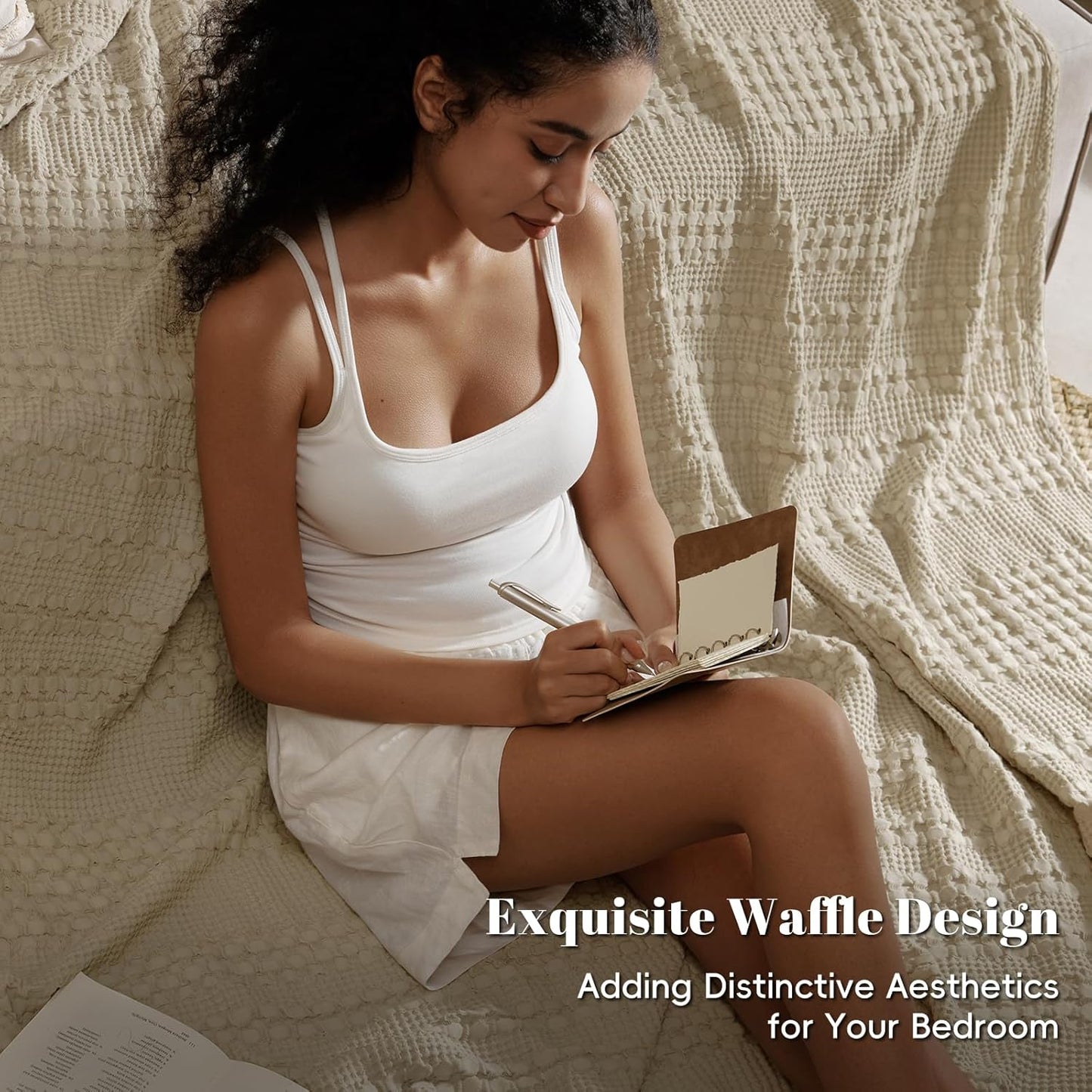 PHF 100% Cotton Waffle Weave Blanket Queen Size, Soft Lightweight Breathable Cozy Summer Blankets for Bed, Luxury Aesthetic Woven Bedding for Home Decor, 90"x90", Khaki