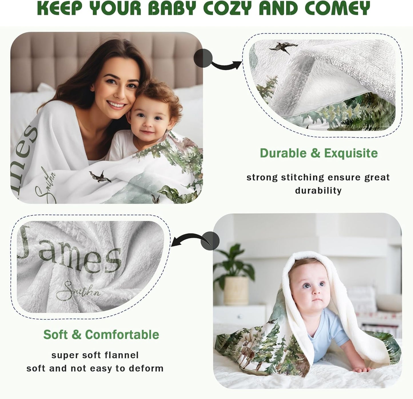 Personalized Woodland Baby Blanket with Name Custom Name Blanket for Boy Newborn Expect Mom Customized Gifts for Baby Shower Birthday Christmas