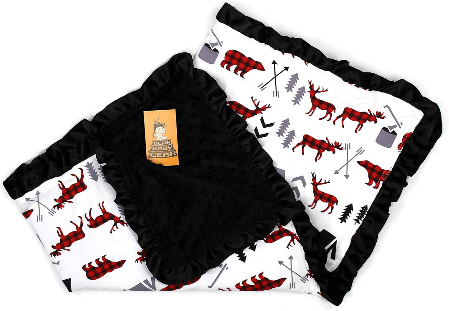 Dear Baby Gear Baby Blankets, Woodland Adventure Bear Moose Lumberjack Plaid, Minky Black, 32 Inches by 32 Inches