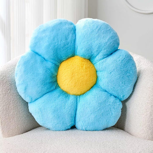 Blue Flower Pillow, Cute Decorative Shaped Throw Pillow With Faux Rabbit Fur, 19.6" Soft Plush Floor Pillows Room Decor for Bedroom Living Room