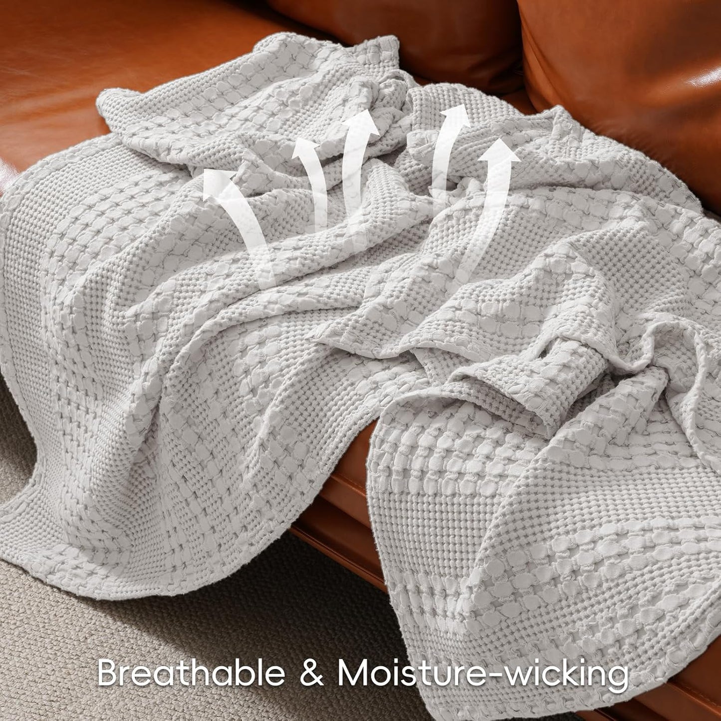 PHF 100% Cotton Waffle Weave Blanket Twin Size, Soft Lightweight Breathable Cozy Summer Blankets for Bed, Luxury Aesthetic Woven Bedding for Home Decor, 66"x90", Light Grey