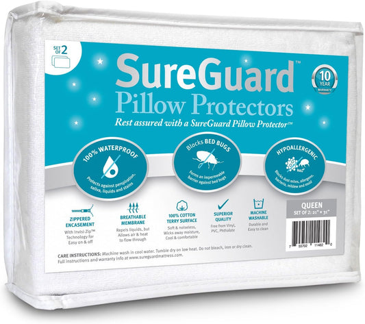 Set of 2 Queen Size SureGuard Pillow Protectors - 100% Waterproof, Bed Bug Proof, Hypoallergenic - Premium Zippered Cotton Terry Covers