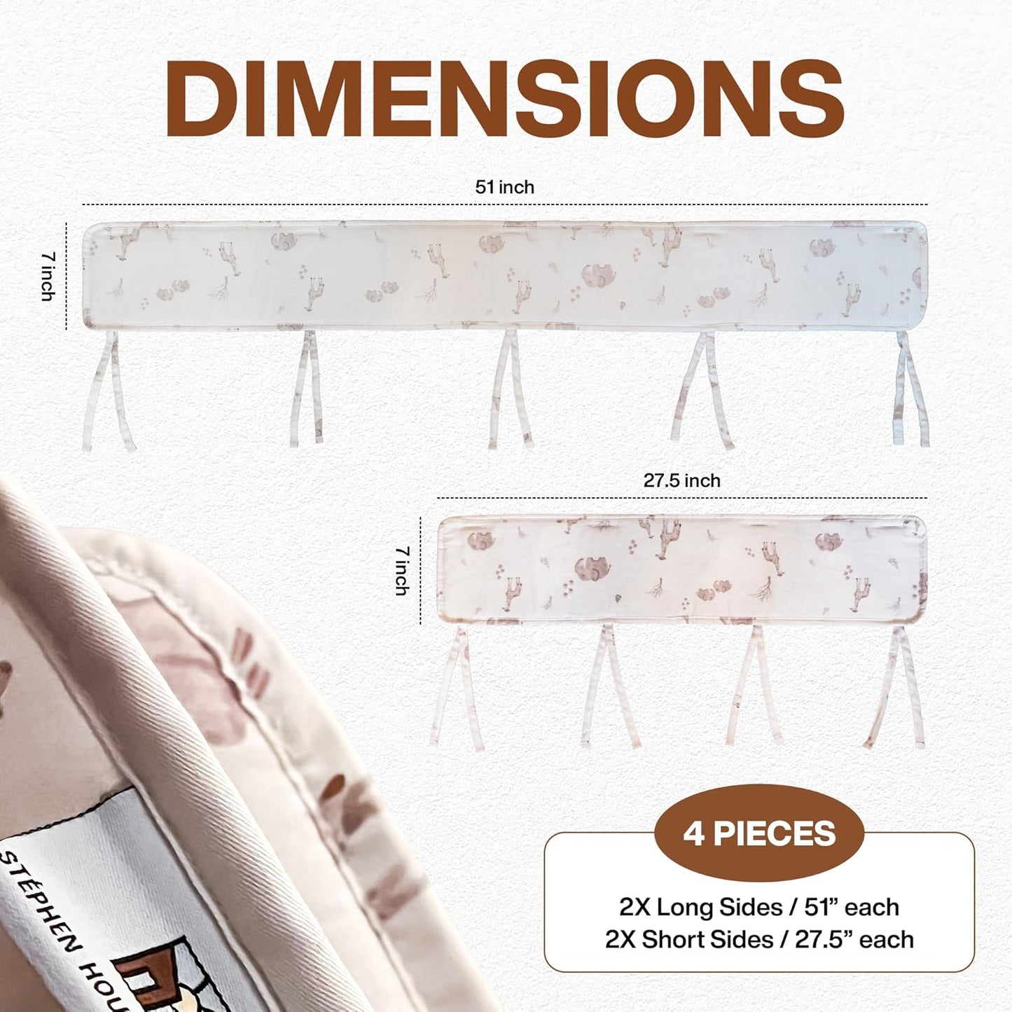 Stéphen House Ultra Soft Crib Rail Guard for Teething Double Thickness for Edge Protection for Top Rail 100% Cotton Lining Fits Standard Baby Cribs Easy to Clean Upgraded 4 Piece Set