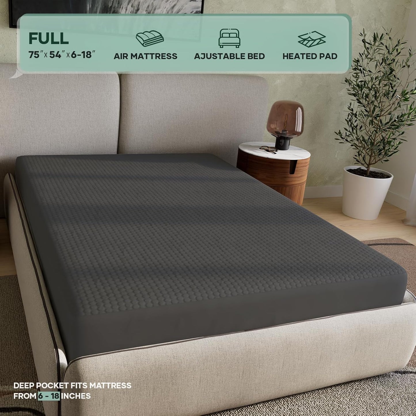 OhGeni Waterproof Mattress Protector, Full-Gray, Fitted Sheet with Stretchable Pockets, Deep Sleep Noiseless Soft. Breathable Cooling Hypoallergenic Material, Mattresses Cover for Bed