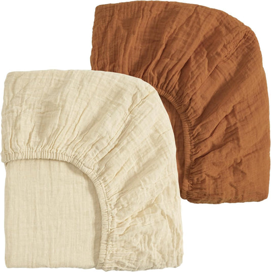 david's kids Muslin Mini Crib Sheets, 2 Pack Cotton Pack N Play Sheets for Boys Girls Neutral, Soft Breathable Baby Sheets Fit Pack N Play, Playard and Mini Crib Mattresses, Beige & Brown