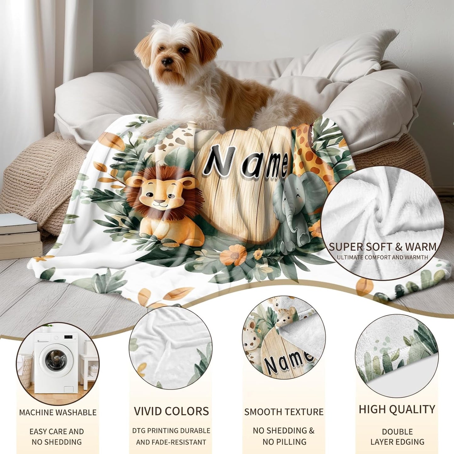 Ship Next Day, Personalized Baby Blanket - Printed in USA, Custom Baby Blanket with Name, Customized Animal Blankets for Boys & Girls, Soft Cozy Receiving Blankets for Toddlers, Stroller Decor Throw