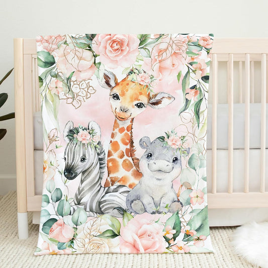 UNIQUE Rose Flowers Safari Ultra Soft Fleece Baby Blanket 30x40in, Cute Zebra Hippo Giraffe Baby Blanket, Girl