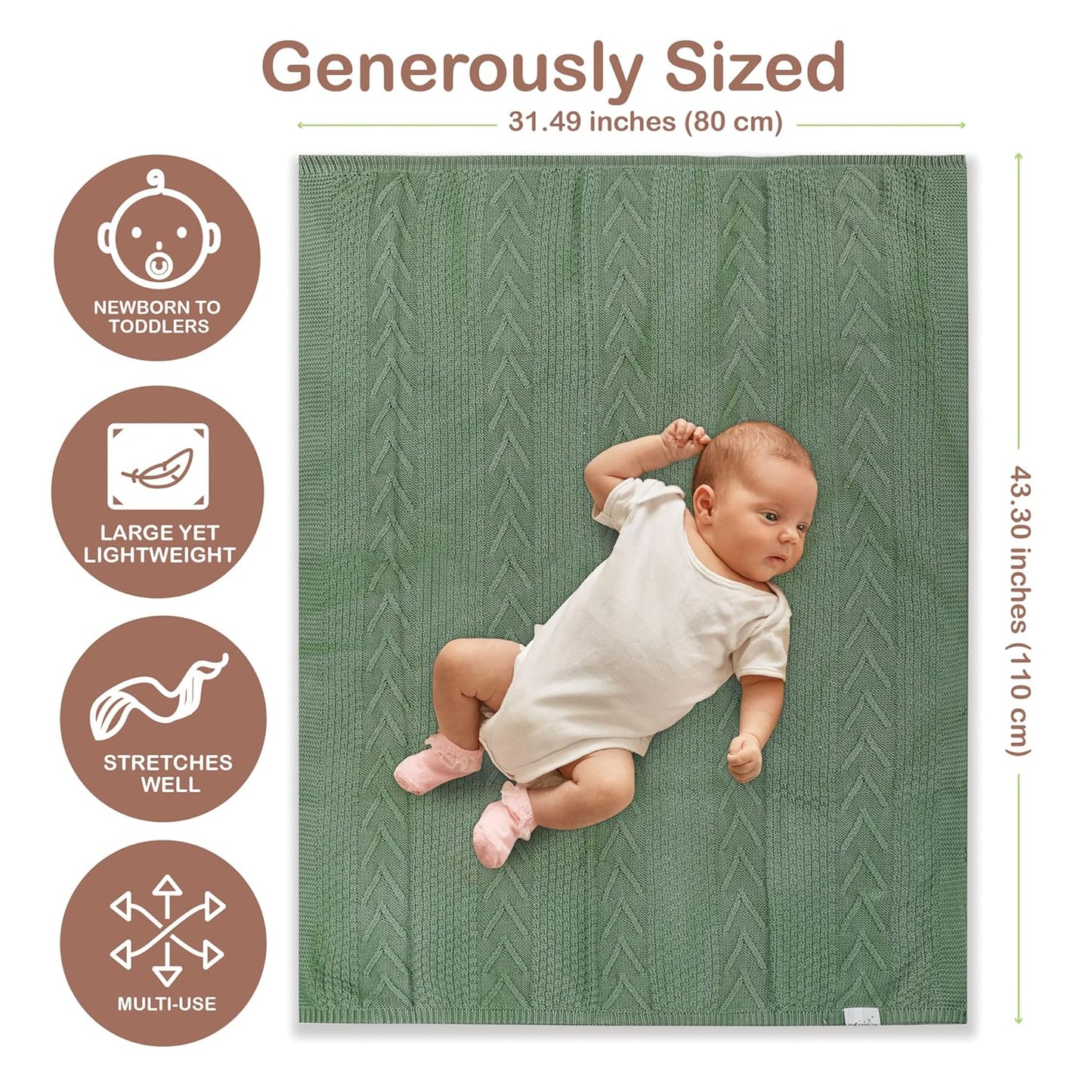 Organic Cotton Baby Blanket - 31.5 x 43.3 Inches, Soft Knitted Crib Blanket for Boys & Girls, Breathable Design (Green)