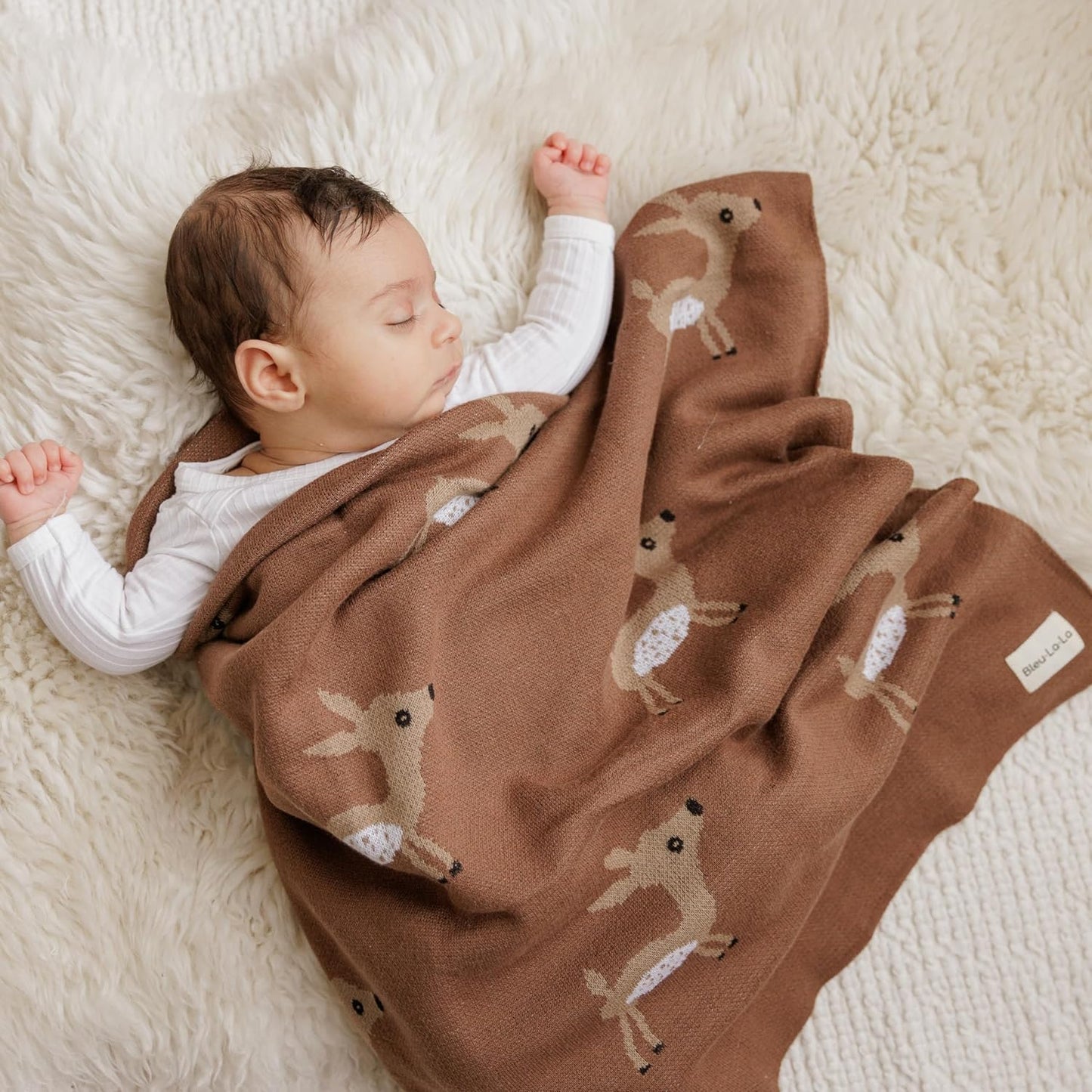 Knit Baby Swaddling Blanket - 100% Cotton Lightweight Soft Cozy Receiving Swaddle Crib Stroller Quilt Blanket for Shower Gift Registry for Newborns, Infants, Toddlers (Deer - Mocha)