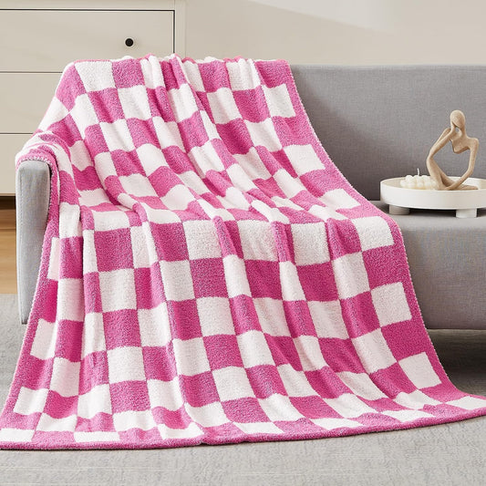 WRENSONGE Checkered Throw Blanket, Hot Pink Soft Cozy Fluffy Warm Hand Made Throw Blankets for Couch, Sofa, Chair, Bed, Camping, Picnic, Travel Lightweight Bed Blanket - 60"*80"