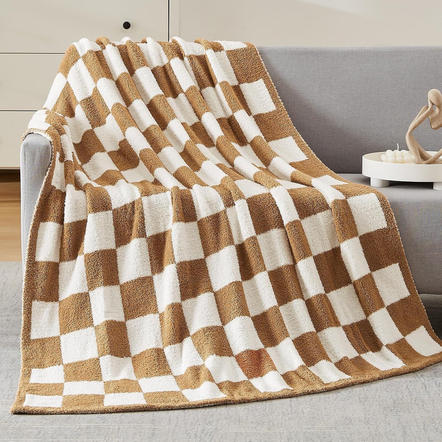 WRENSONGE Checkered Throw Blanket, Burnt Orange Soft Cozy Fluffy Warm Hand Made Throw Blankets for Couch, Sofa, Chair, Bed, Camping, Picnic, Travel Lightweight Bed Blanket - 50"*70"
