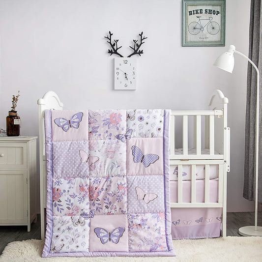 La Premura 3-Piece Purple Butterfly Baby Crib Bedding Set for Girls, Lilac Standard Size Crib Set for Baby Girl, Comforter, Fitted Sheet, and Dust Ruffle Skirt, Baby Nursery Floral Design for Girls