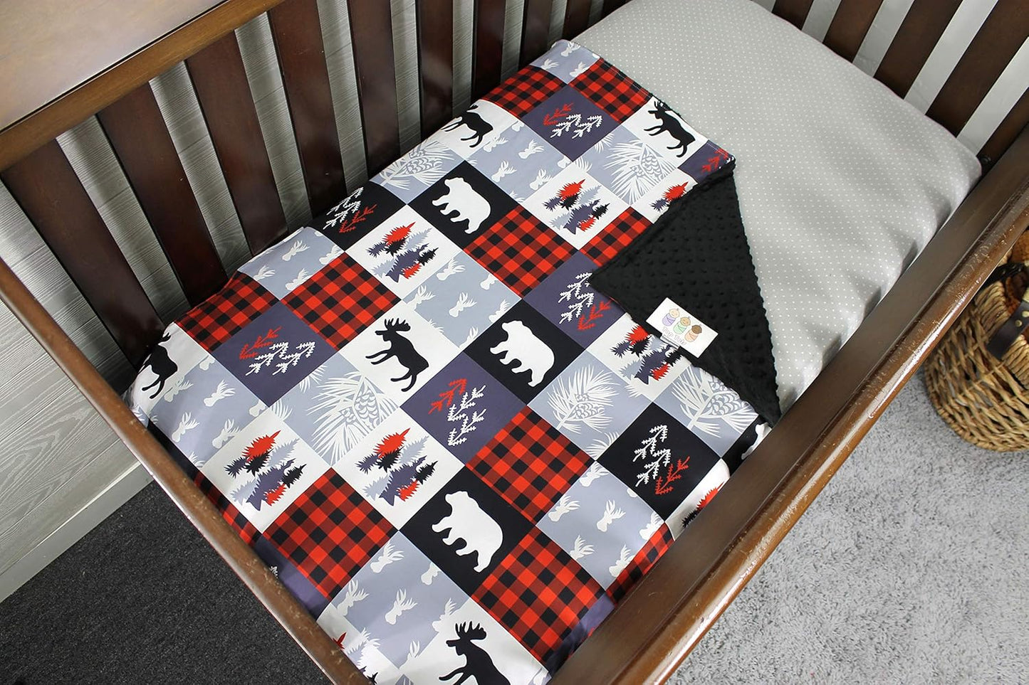 Top Tots Baby Blanket - Minky, Moose, Bear, Deer Heads, Trees and Vines, Red and Black Plaid with White and Gray